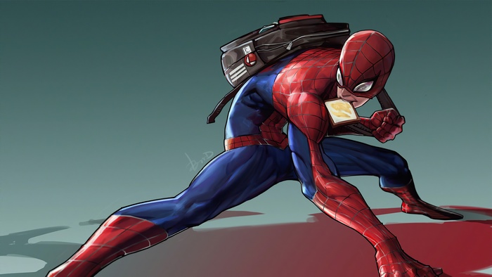 Spiderman eating a sandwich with a backpack