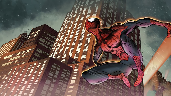 Spider-Man leaping through a city at night