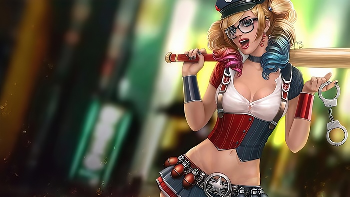 Harley Quinn in Police Costume with Baseball Bat 4K