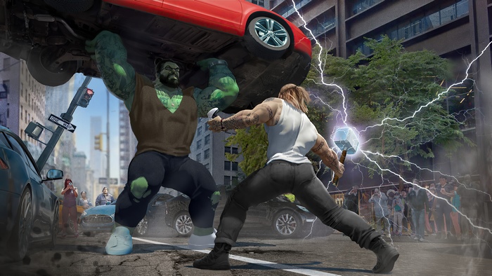 Hulk and Thor fighting in a city street