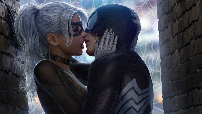 Black Cat and Venom kissing on a rooftop