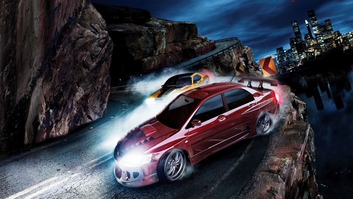 Need for Speed cars racing on cliffside road at night