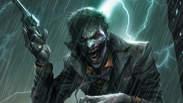 Joker holding a gun in the rain