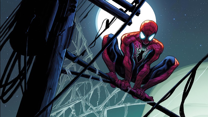 Spider-Man on power lines at night