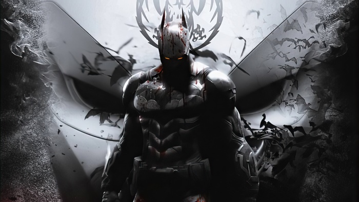 Batman covered in blood with glowing eyes