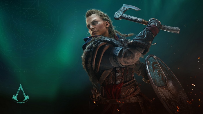 Eivor from Assassin's Creed Valhalla with axe and shield