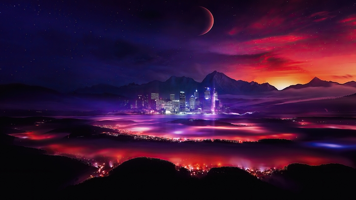 Digital Art Cityscape with Mountains and Moon