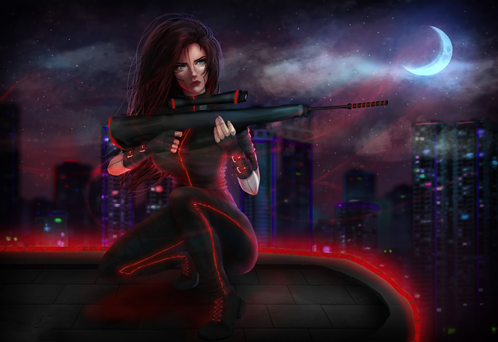 Cyberpunk sniper on a rooftop at night