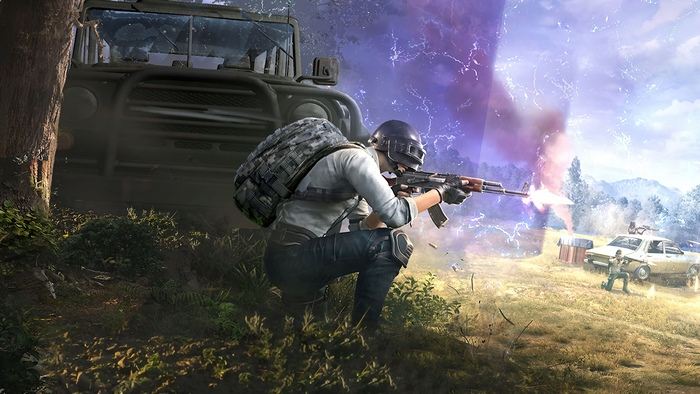 PlayerUnknown's Battlegrounds player firing rifle near vehicle