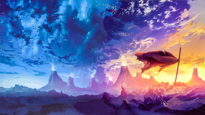 Fantasy landscape with torn flag and volcanoes