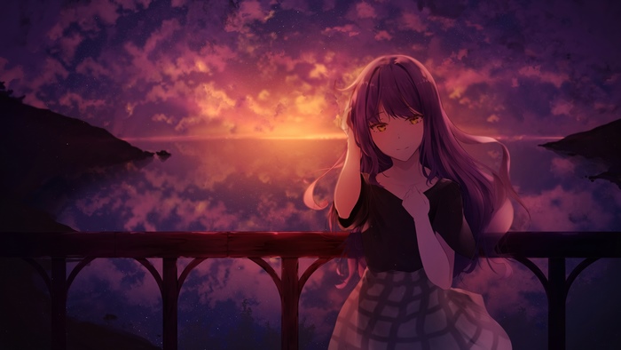 Anime girl on a balcony at sunset