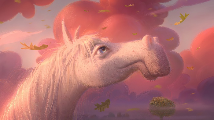 Artwork of a white horse in clouds
