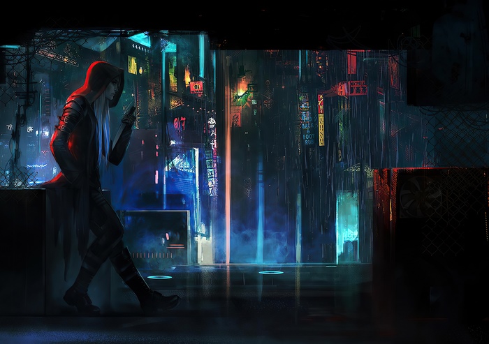 Cyberpunk artwork of a hooded figure in a neon city