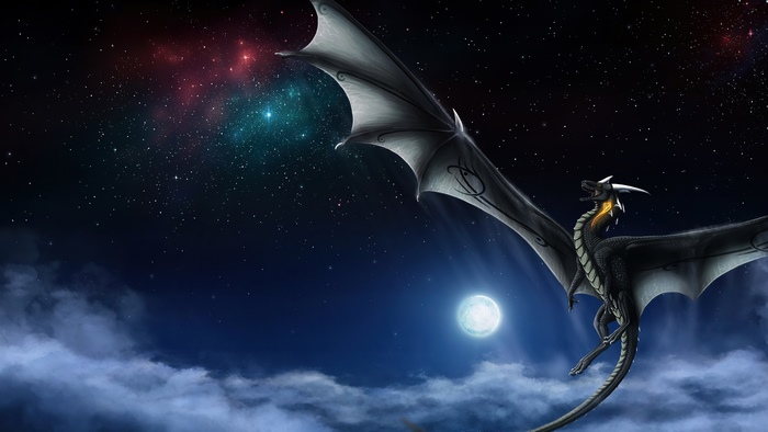 Dragon flying in starry night sky with moon