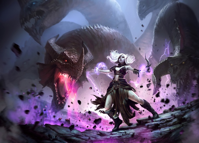Sorceress casting magic against dragons
