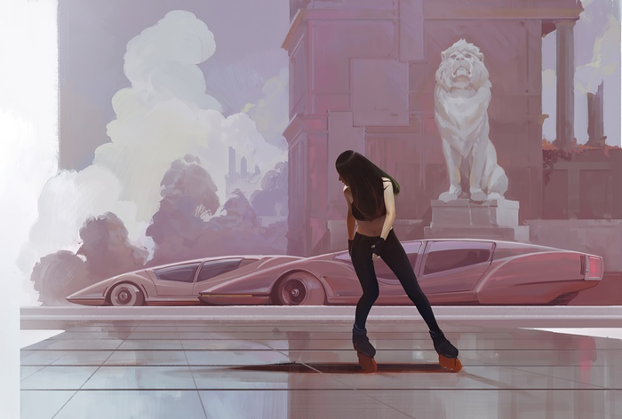 Artwork of a woman and futuristic cars