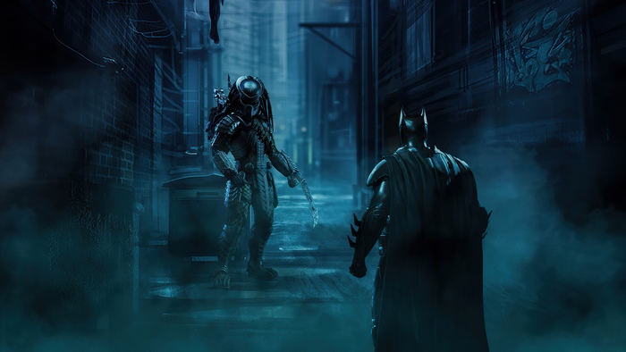 Batman vs Predator in a dark alleyway