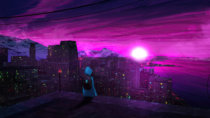 Synthwave artwork of a person overlooking a neon city at sunset