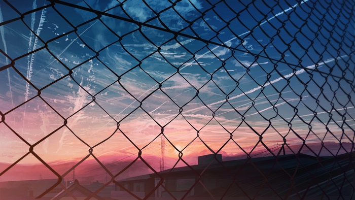 Anime fence against sunset sky with contrails