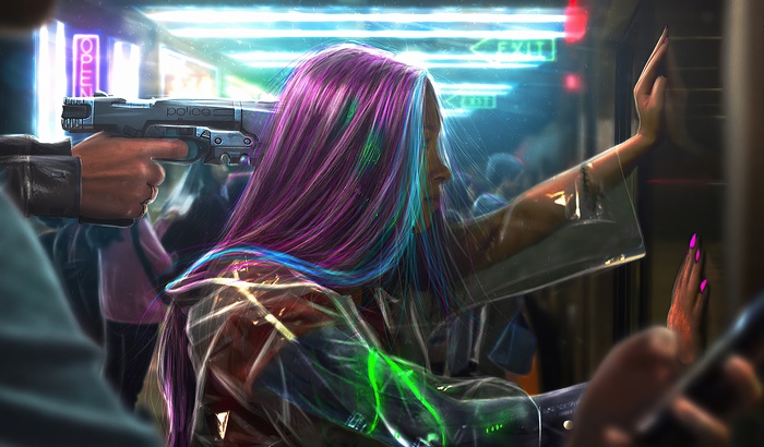 Cyberpunk artwork of a woman with a gun