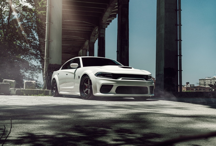 White Dodge Challenger SRT Hellcat Widebody under bridge