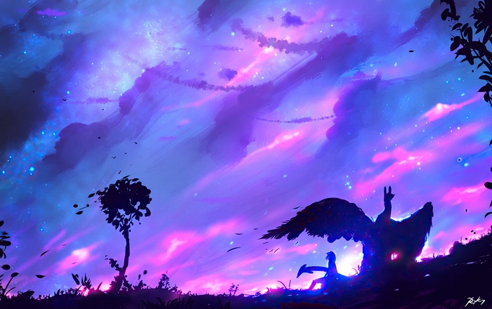 Fantasy creature with wings and a person under a starry sky