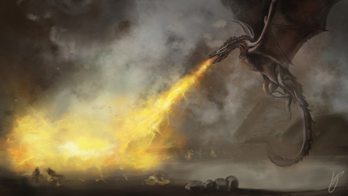 Dragon breathing fire in a smoky environment