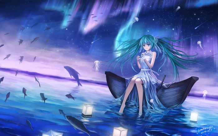 Hatsune Miku in a Boat Under the Aurora