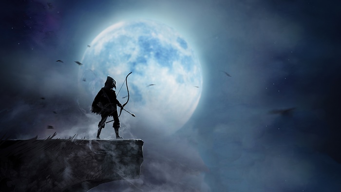 Archer on cliff edge under large moon