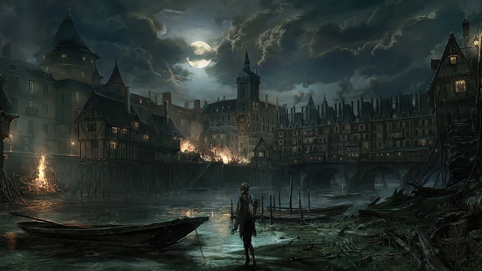 SteelRising game art with burning city and moon