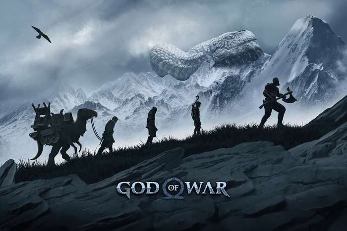 Kratos and Atreus from God of War walking through mountains