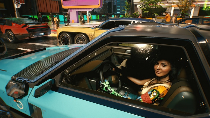Woman with cybernetic arm driving in Cyberpunk 2077 4K