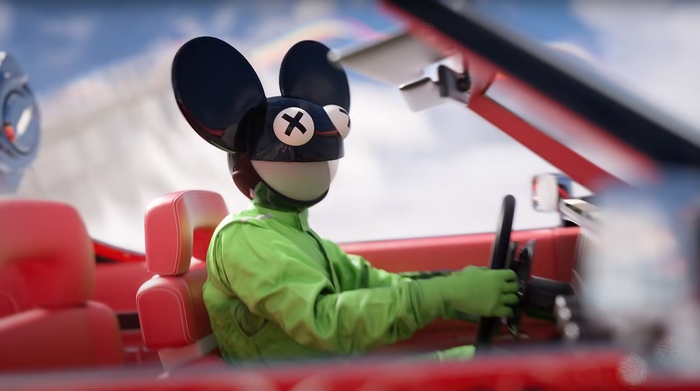 Deadmau5 driving a red convertible
