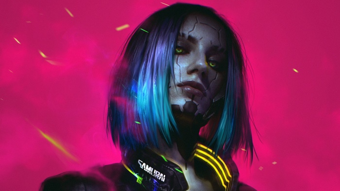 Artwork of a woman with cybernetic implants and blue hair