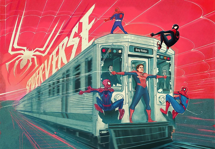 Spider-Verse artwork with multiple Spider-Men on a train