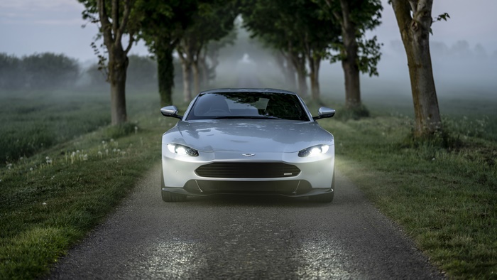 Aston Martin Vantage on a foggy road