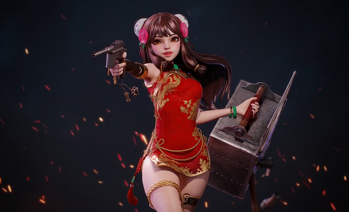 Girl in red dress with gun and shield