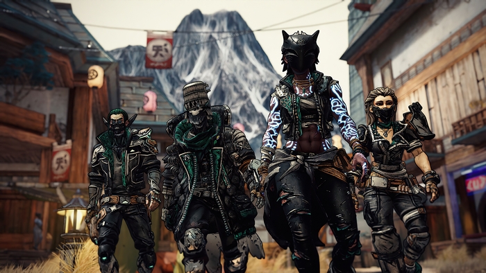 Four characters from Borderlands 3 in a town