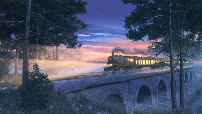 Train crossing a bridge at sunset