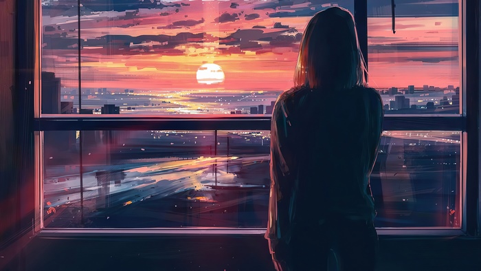 Girl watching sunset over city from window