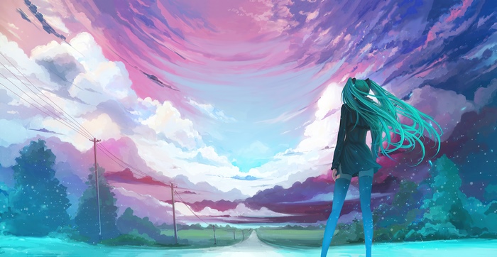 Anime girl with teal hair against a colorful sky