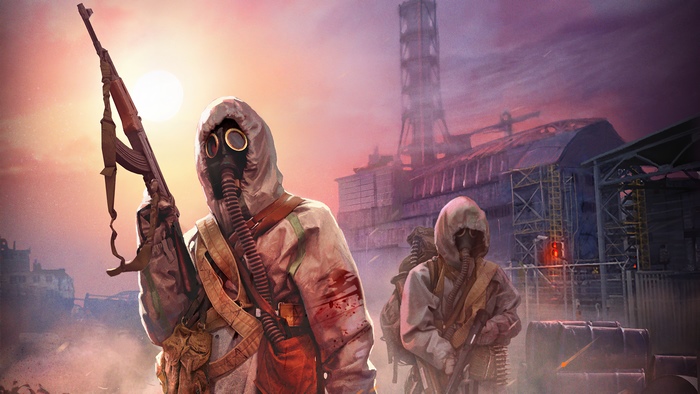 Two figures in hazmat suits with gas masks and rifles in a post-apocalyptic setting.