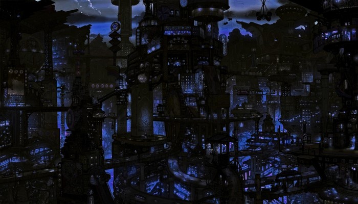 Dark futuristic cityscape at night with blue lights