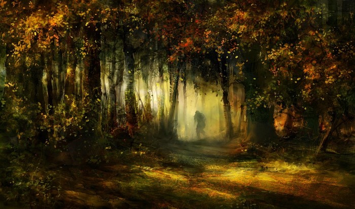 A lone figure walks through a sunlit autumn forest