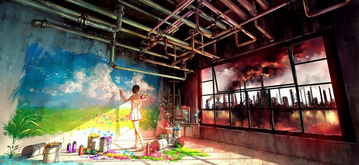 Girl painting a landscape mural in an abandoned factory