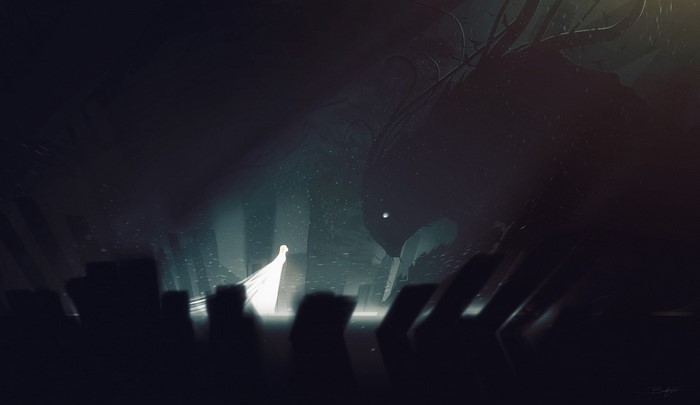 A glowing figure confronts a dark creature in a shadowy landscape