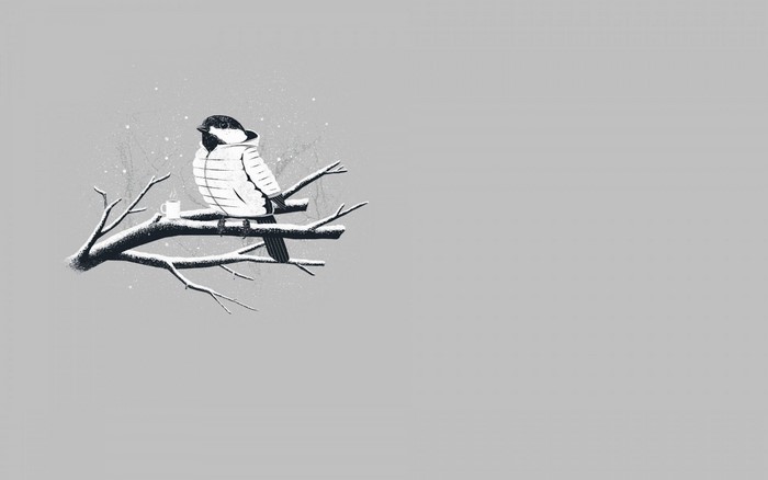 Bird in a puffy jacket with a cup of coffee on a snowy branch