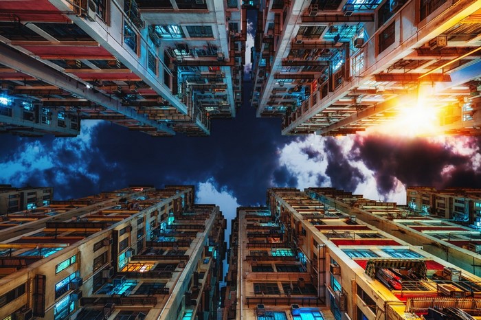 Apartment buildings in Hong Kong at night
