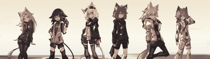 Six anime girls with animal ears and tails