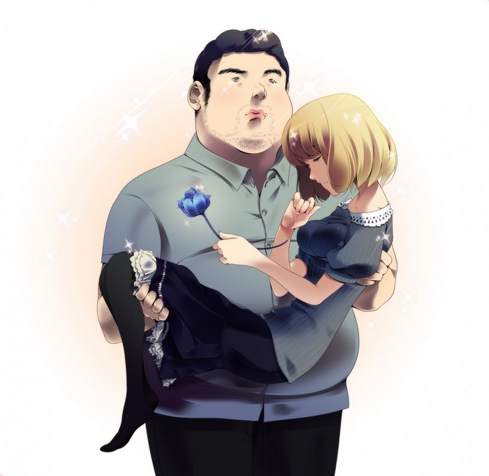 Anime illustration of a man holding a woman with a blue rose